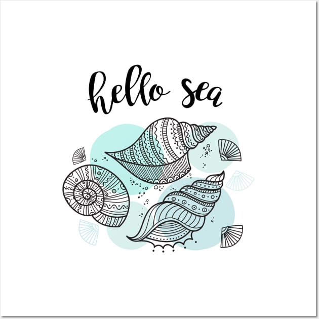 Hello Sea illustration with marine shells Wall Art by yuliia_bahniuk